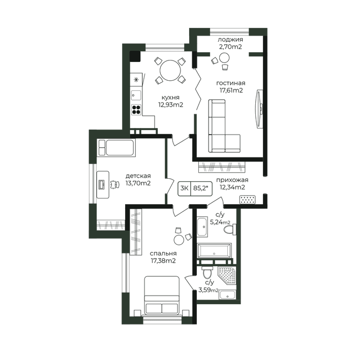 Планировка 3-комнатной 85,2 м²